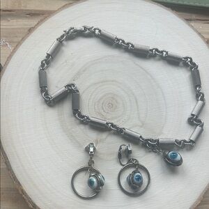 Silver and Blue Eye Necklace and Earring Set